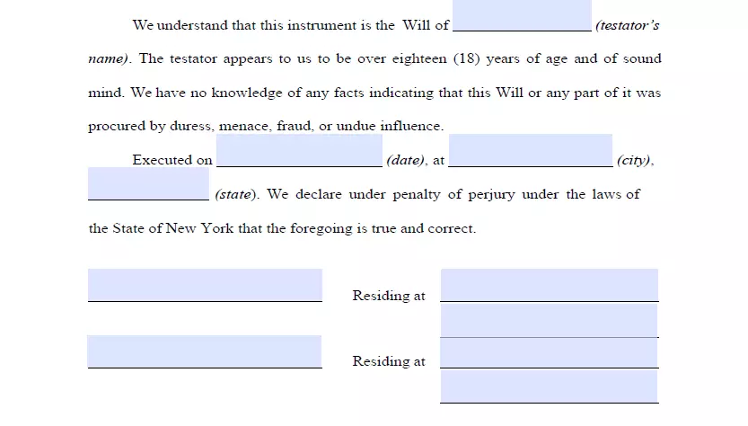 Witnesses signing section of a template of last will for New York
