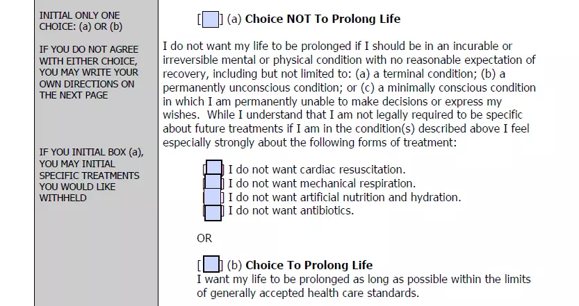Attitude to life prolongation specification section of living will for New York
