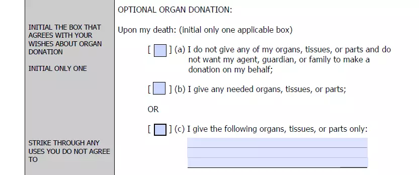 Organ donation information section of a New York living will document