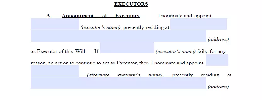 Executor choosing section of last will form North Carolina