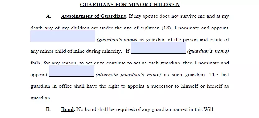 Guardian appointment section of a will and testament for North Carolina