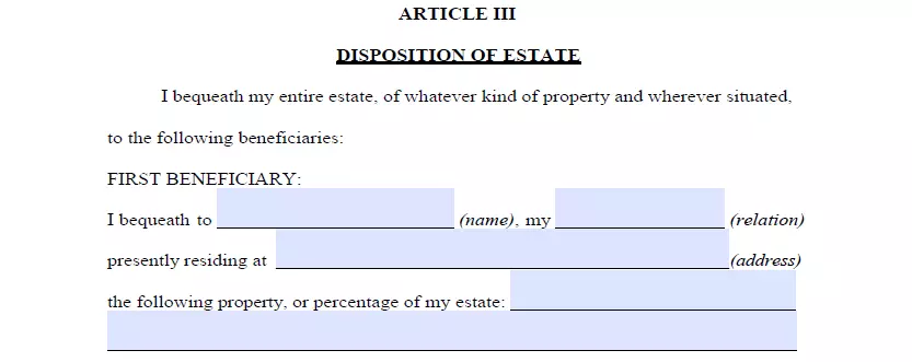 Section for specifying beneficiaries and allocating assets of last will template for North Carolina