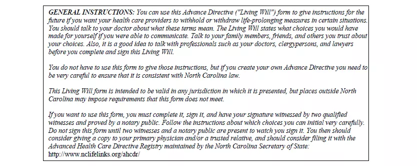 General instructions sectiong of living will form for North Carolina