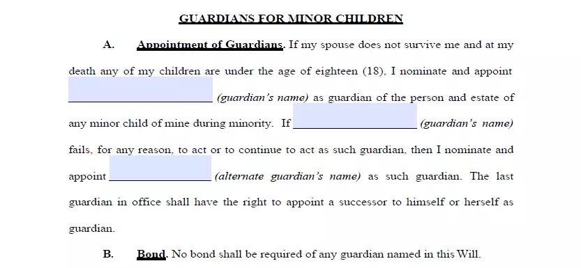 Guardian appointment section of Oregon last will and testament