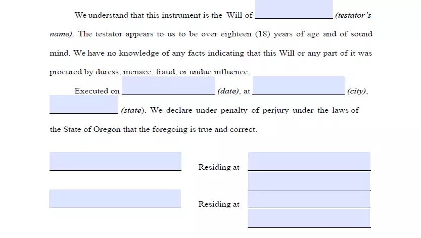 Witnesses signing part of a last will form for Oregon