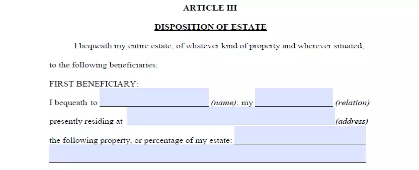 Beneficiaries specification and property allocation part of Pennsylvania last will form