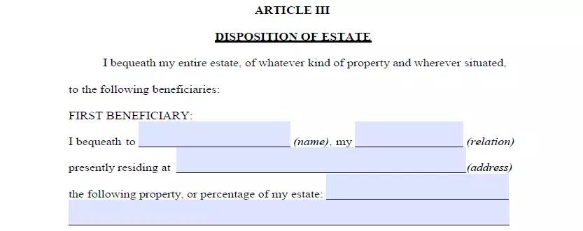 Beneficiaries specification and assets allocation section of South Carolina last will