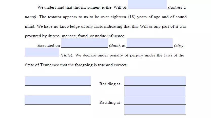 Witnesses signing section of Tennessee last will template