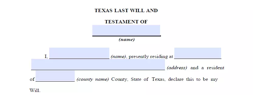 Section for indicating details of document of last will for Texas