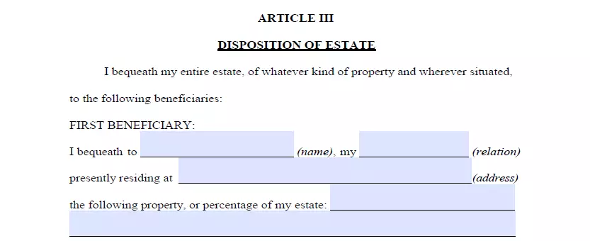 Part for specifying beneficiaries and allocating property of a Texas last will form