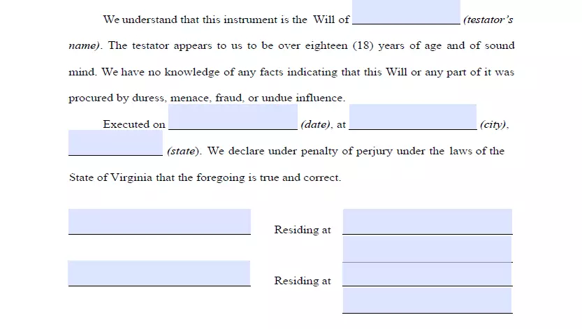 Witnesses signing section of a Virginia last will form