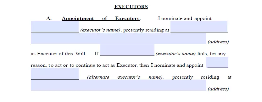 Executor choosing section of a Wisconsin last will form