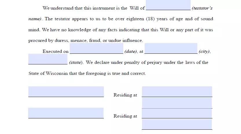 Witnesses signing section of a Wisconsin last will template