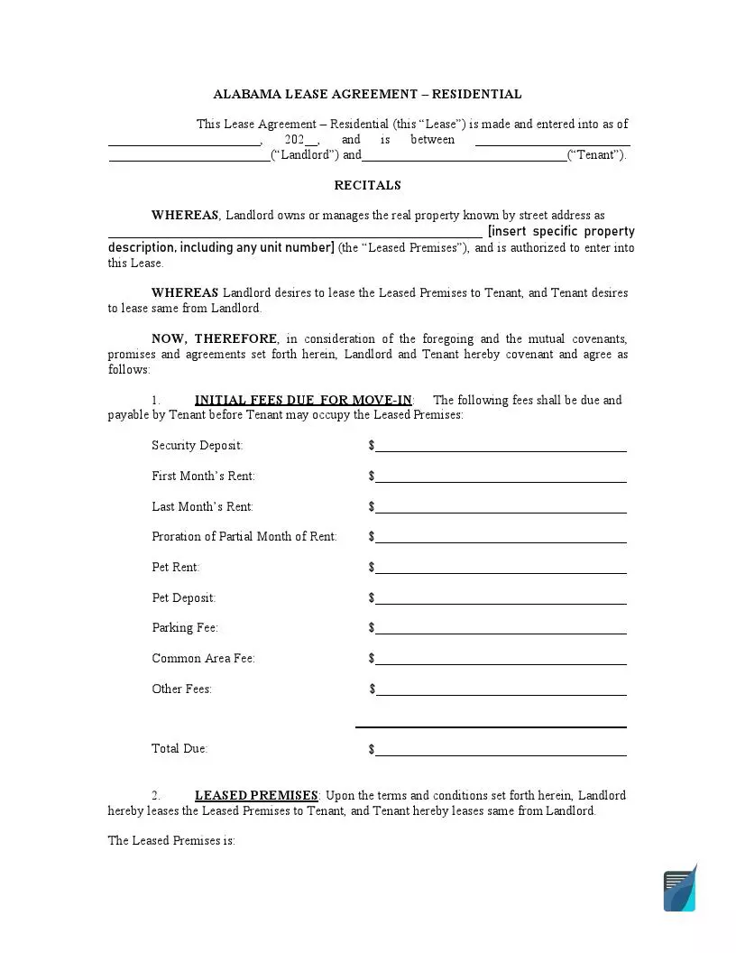 Alabama Lease Agreement Residential Form
