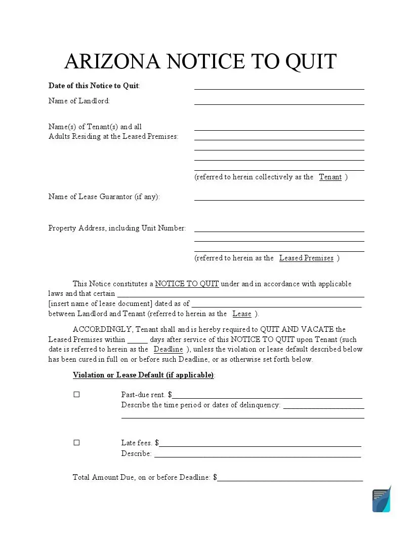 Free Arizona Eviction Notice Forms AZ Notice To Quit FormsPal