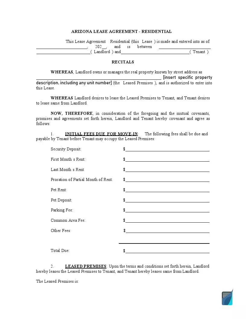 Arizona Lease Agreement Residential Form