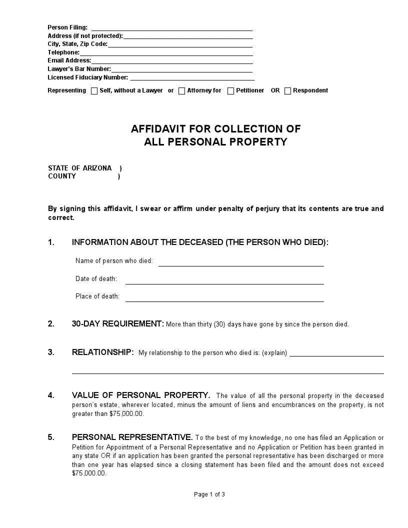 Arizona small estate affidavit official form