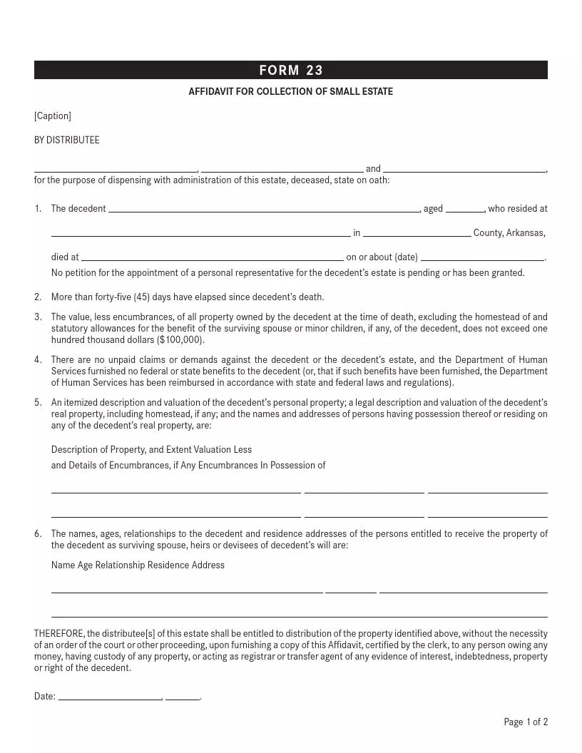 Arkansas small estate affidavit official form