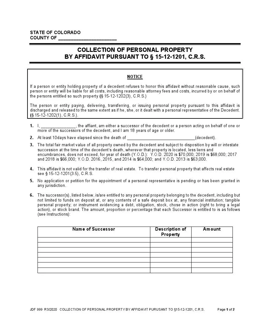 Colorado small estate affidavit official form