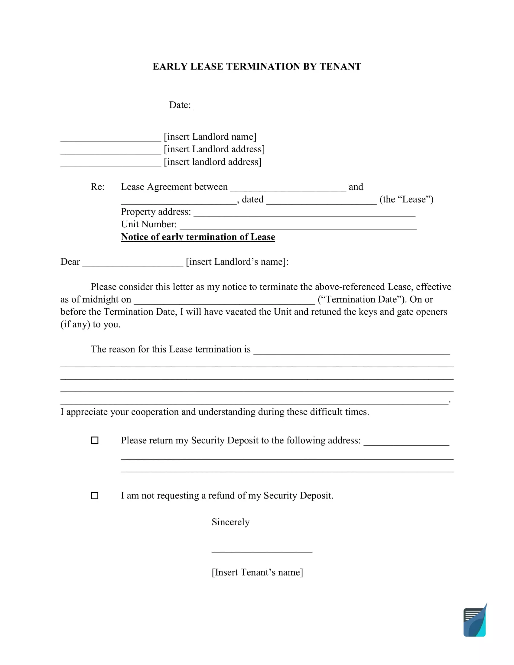 Free Early Lease Termination Letter Form  FormsPal