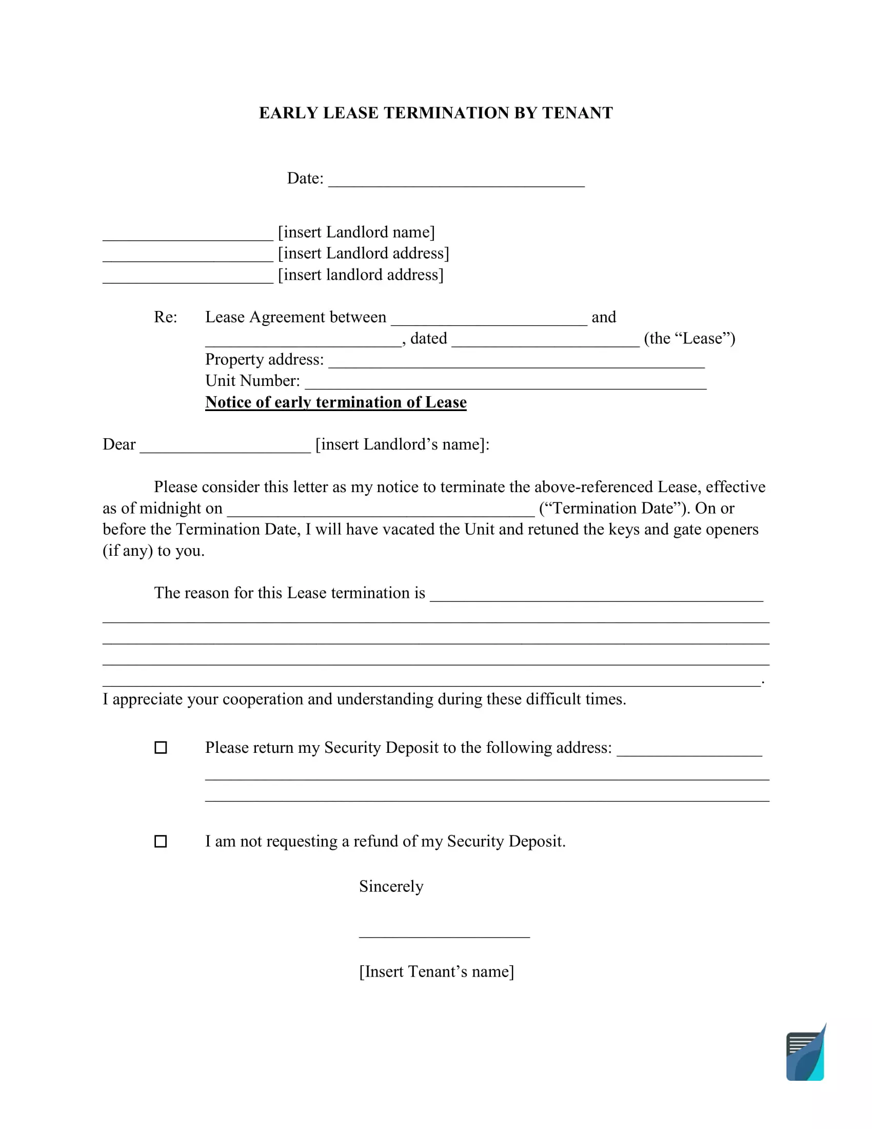 Free Early Lease Termination Letter Form FormsPal
