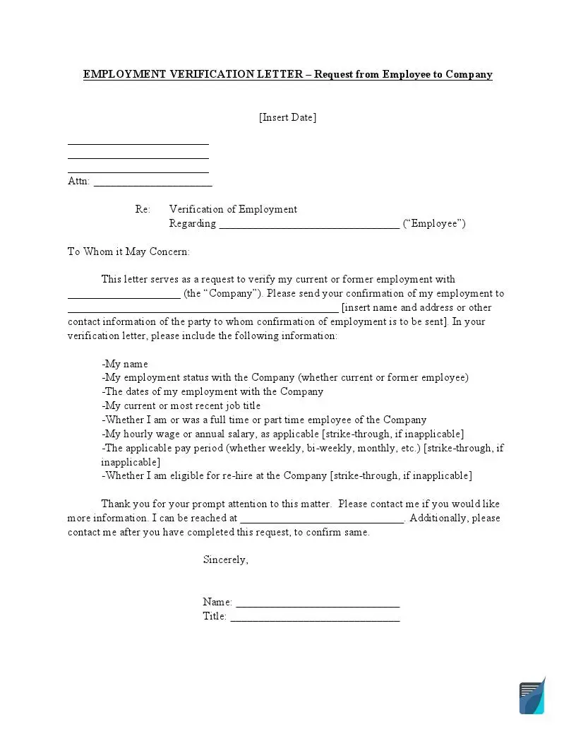 Employment Verification Letter - from Employee Form