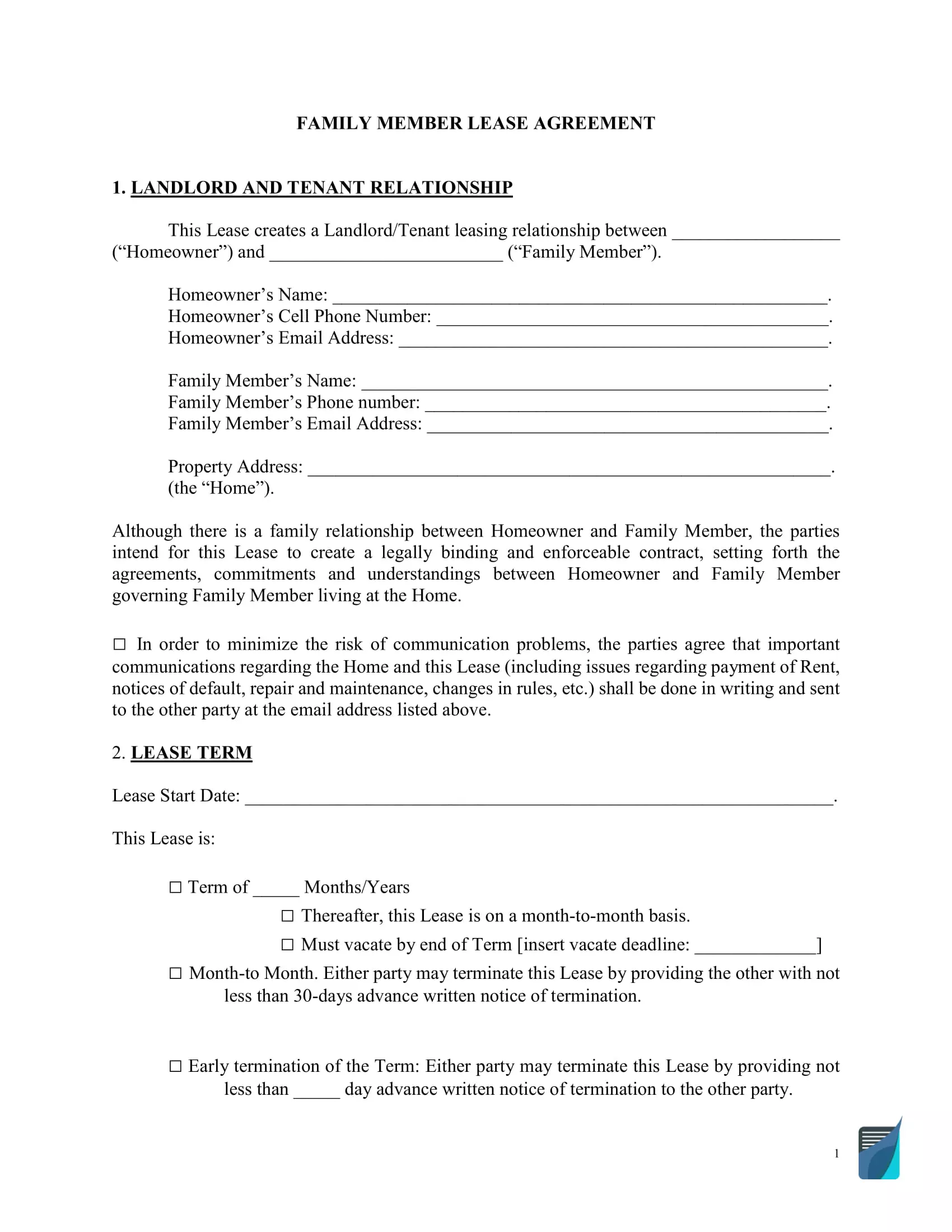 Family Rental Agreement Template ⇒ Parent-Child Lease Form Intended For corporate housing lease agreement template