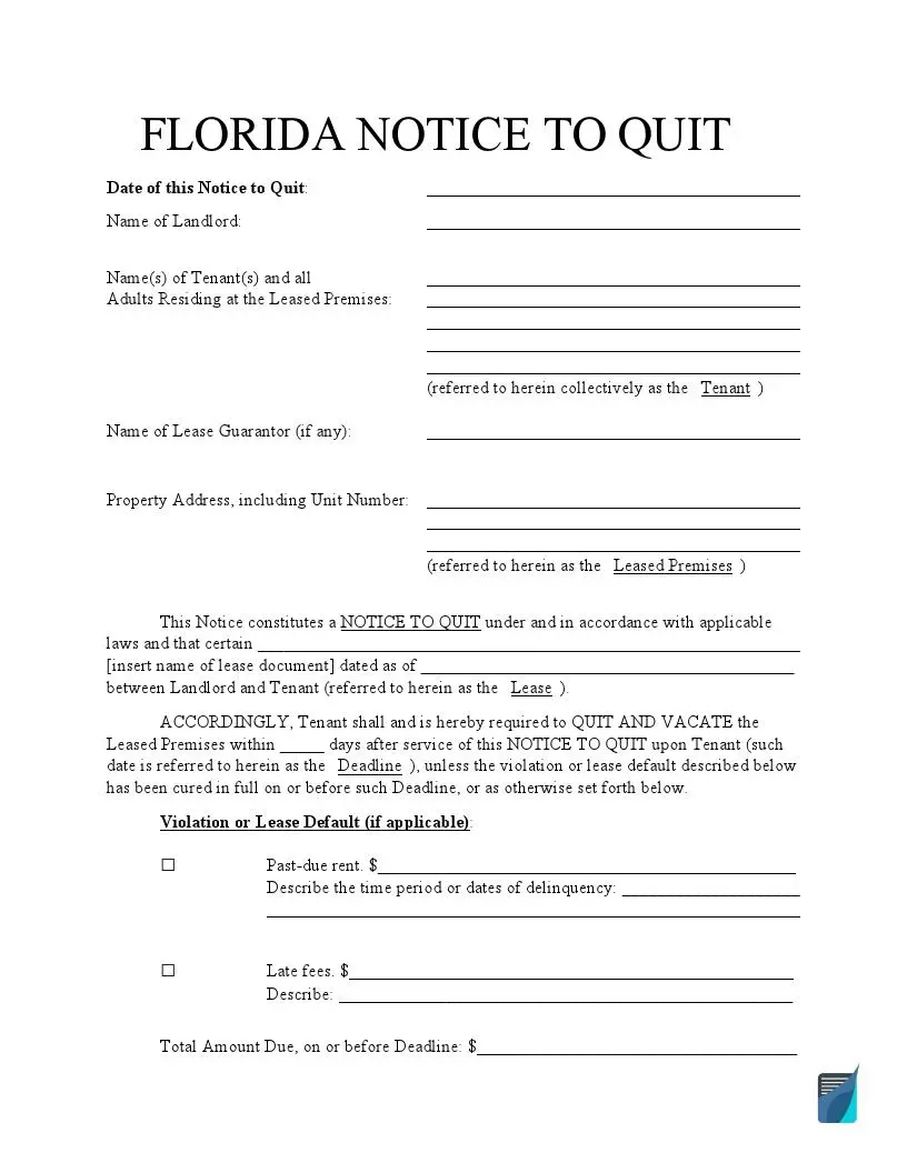 Free Florida Eviction Notice Forms FL Notice To Quit FormsPal