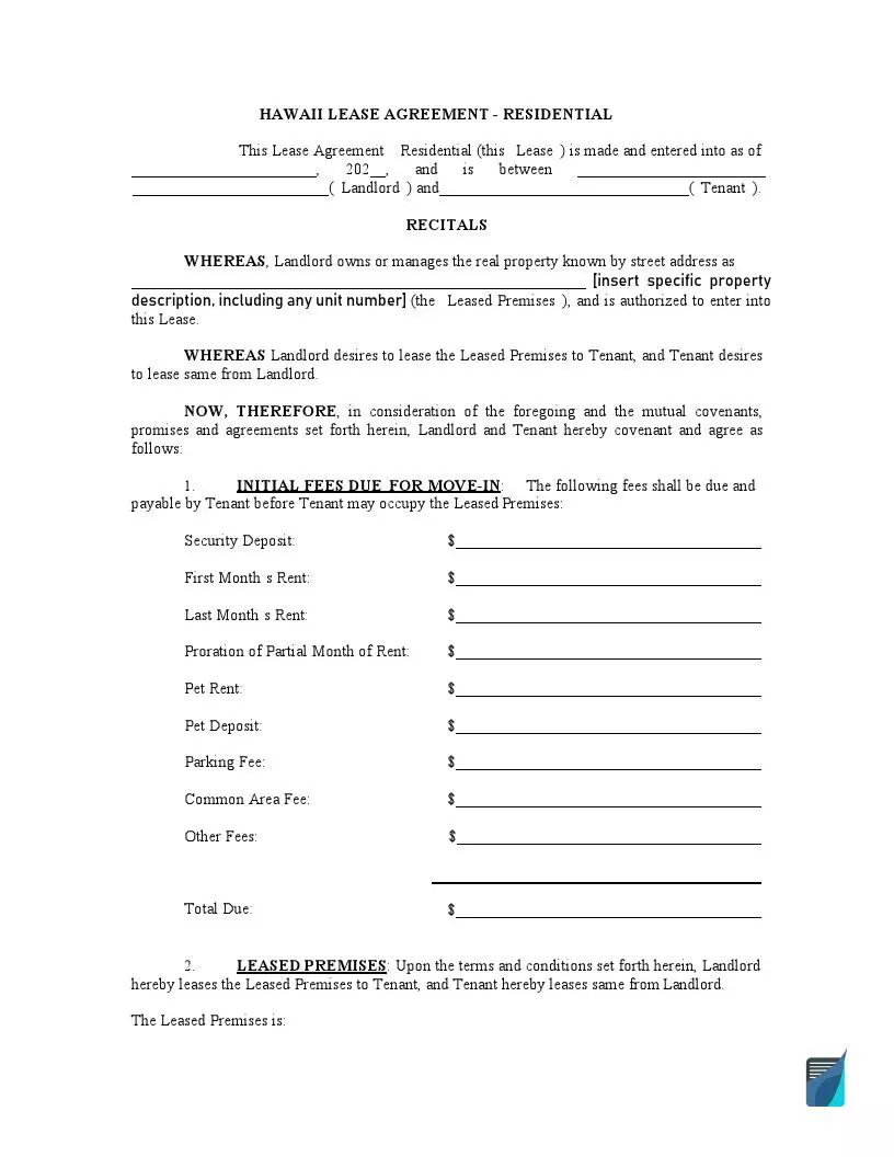 Hawaii Lease Agreement Residential Form