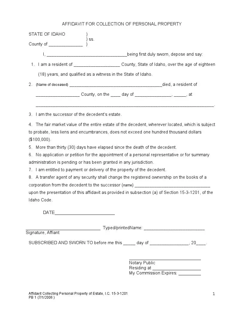 Idaho small estate affidavit official form