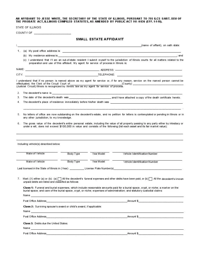 Illinois small estate affidavit official form