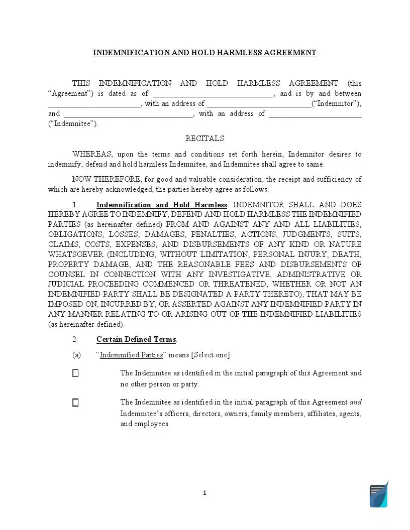 Indemnification and Hold Harmless Agreement Form