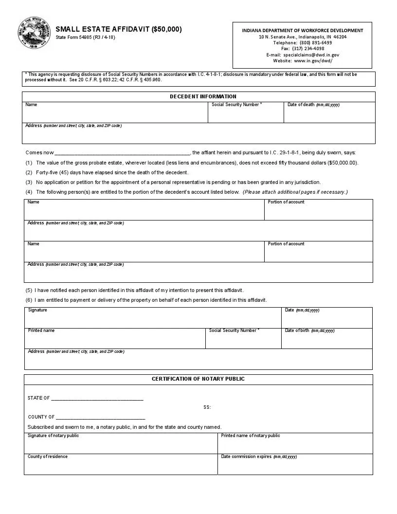 Indiana small estate affidavit official form