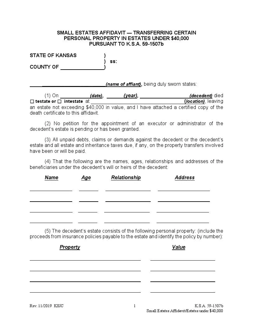 Kansas small estate affidavit official form