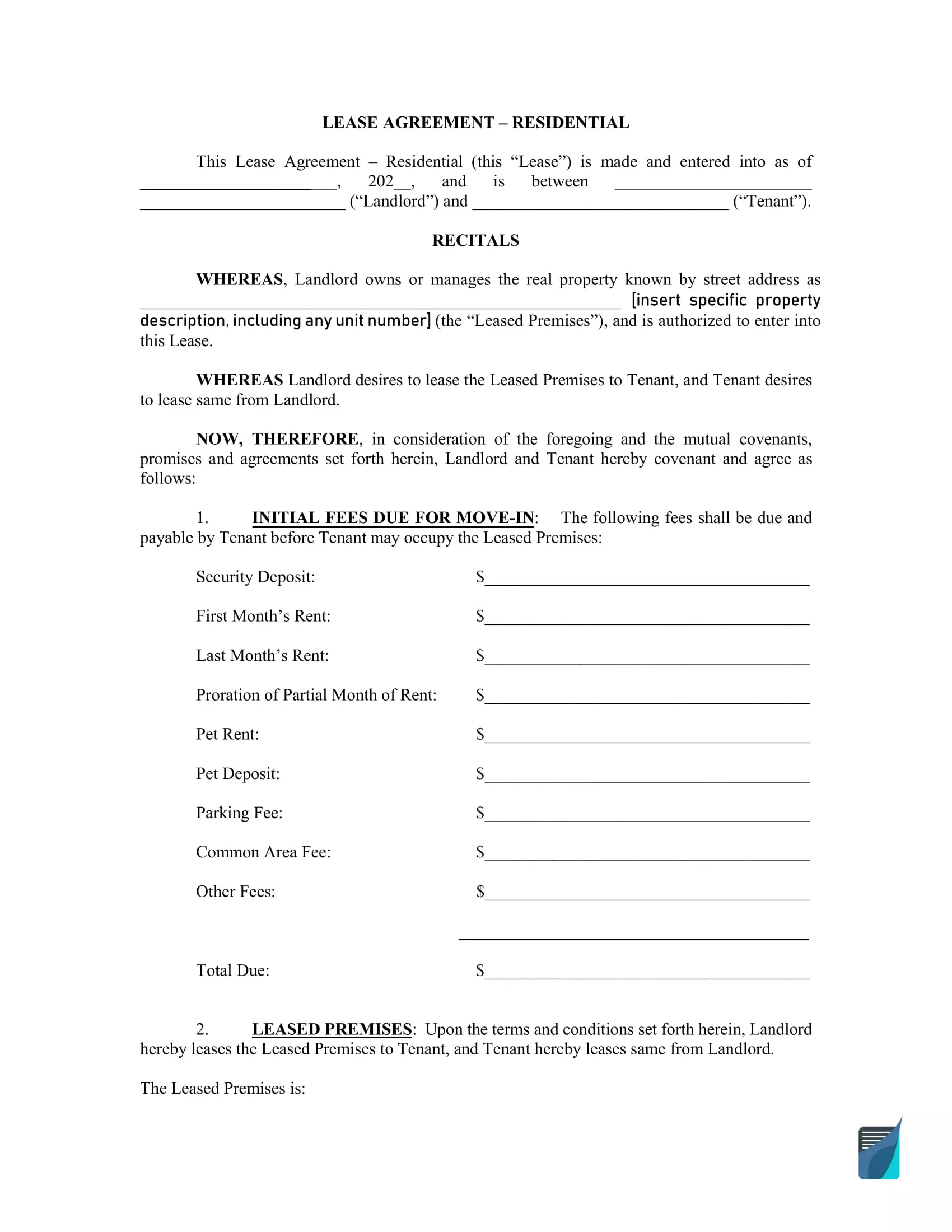 Lease Agreement Residential Form
