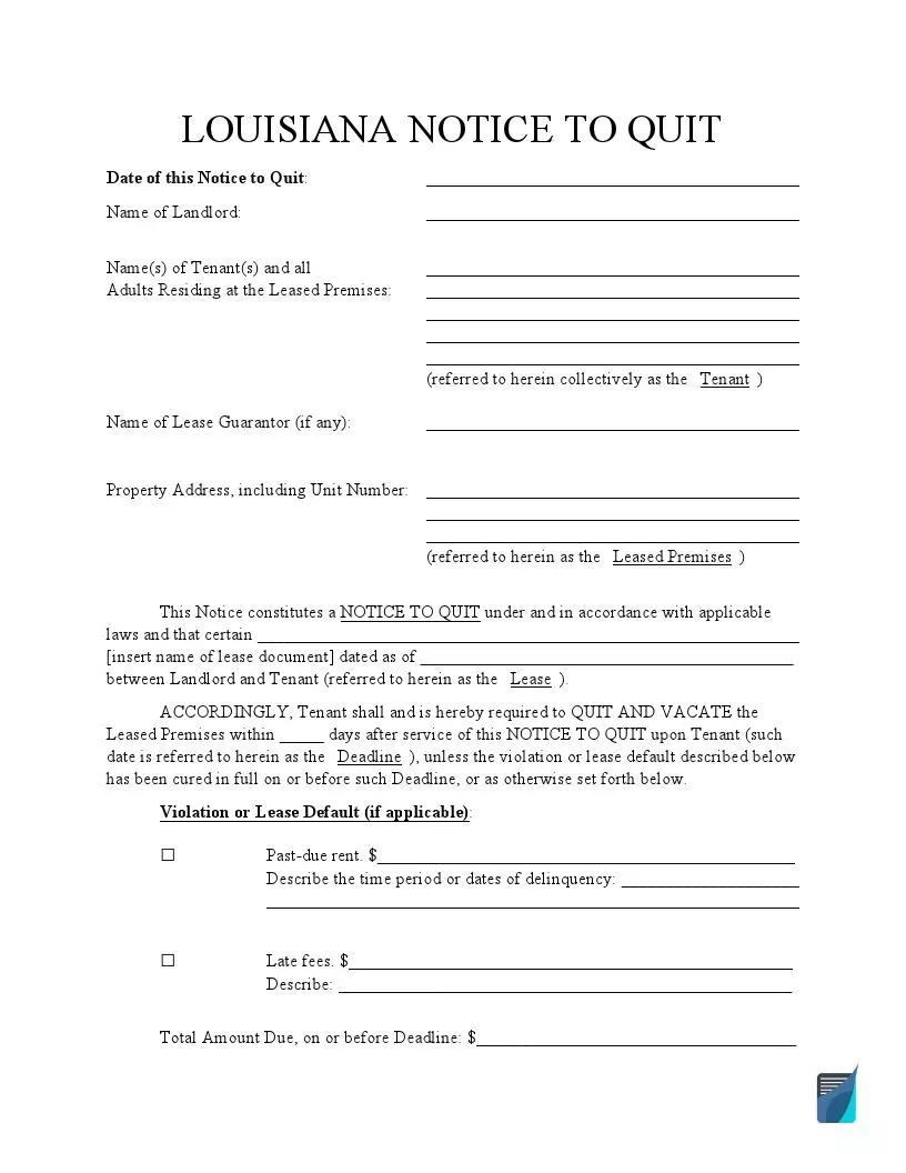 Free Louisiana Eviction Notice Forms La Notice To Quit Formspal