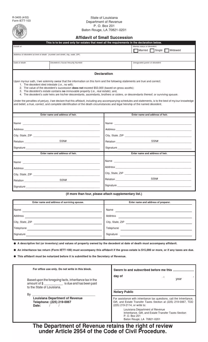 Louisiana small estate affidavit official form