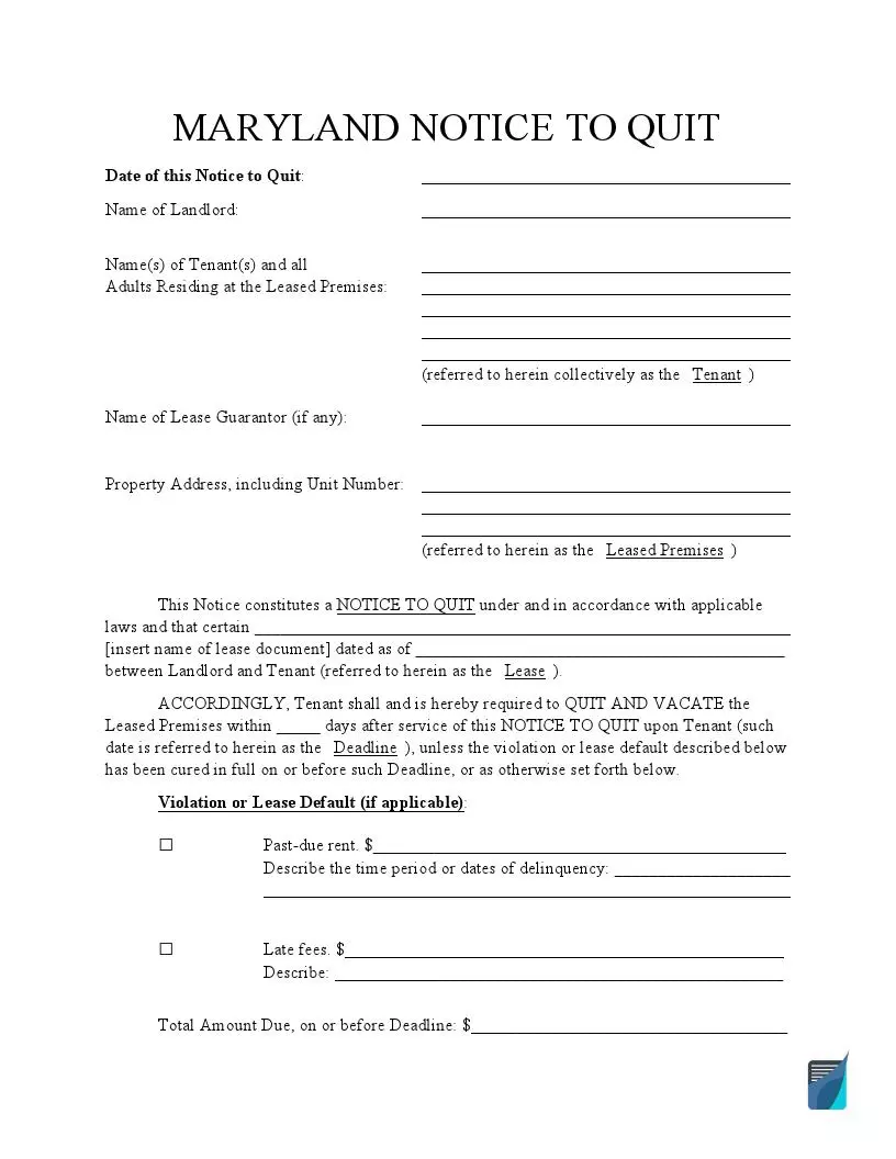 Free Maryland Eviction Notice Forms MD Notice To Quit FormsPal