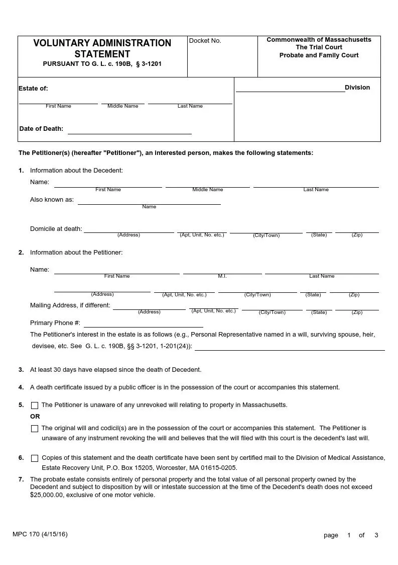 Massachusetts small estate affidavit official form