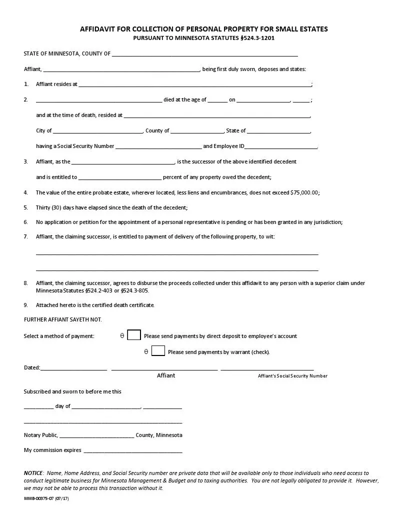 Minnesota small estate affidavit official form