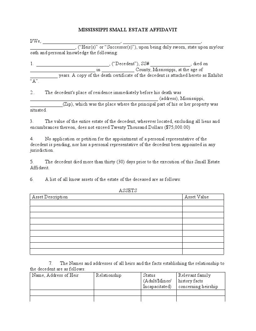 Mississippi small estate affidavit official form