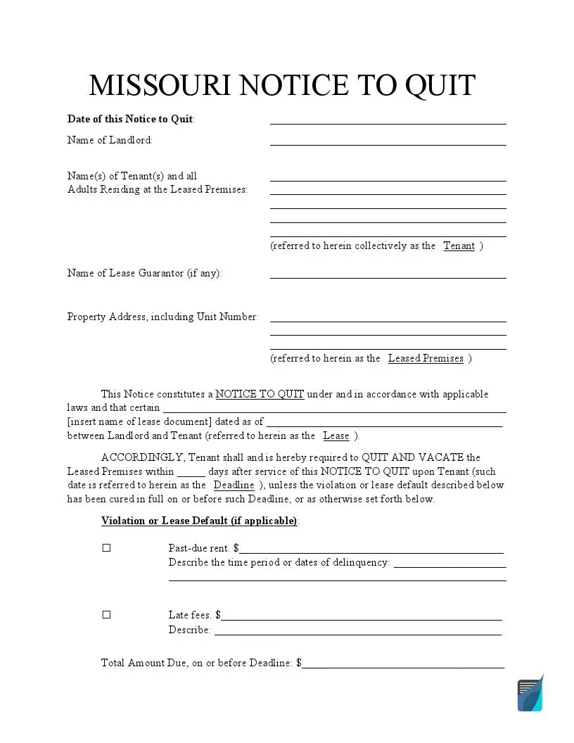 Free Missouri Eviction Notice Forms MO Notice to Quit FormsPal