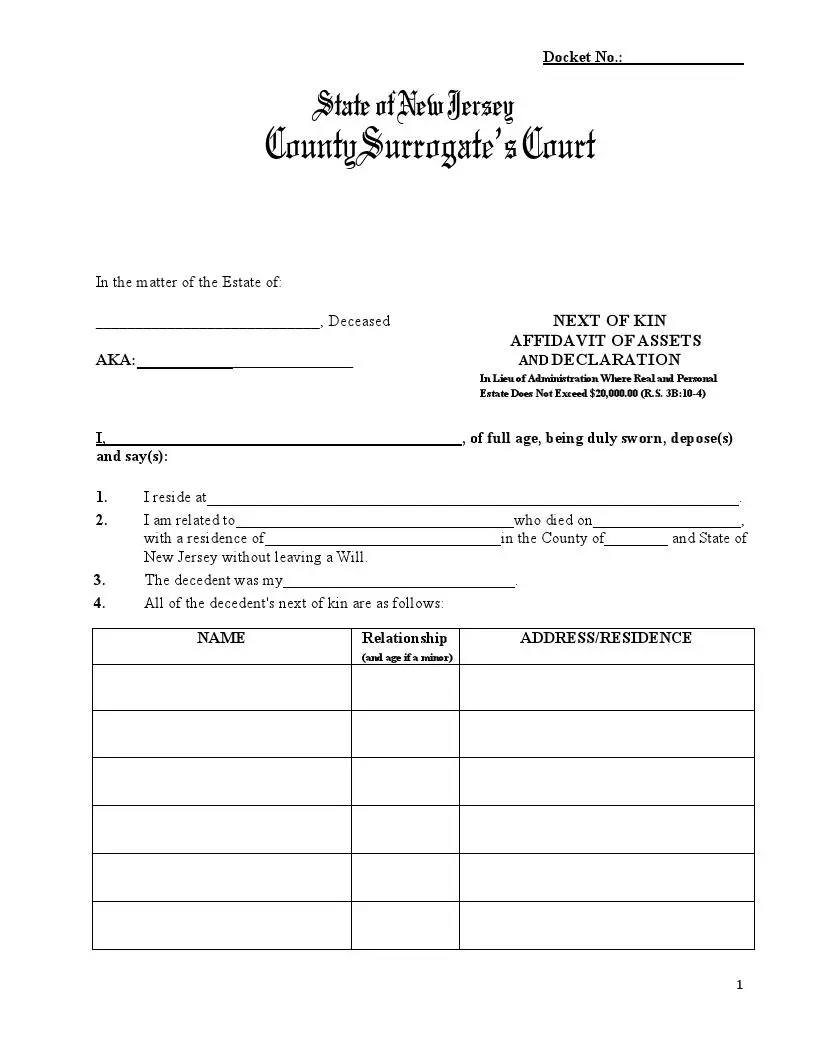 New Jersey small estate affidavit official form