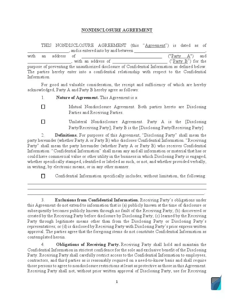 Free Non-disclosure Agreement Template  Sample NDA Form For non disclosure non circumvention agreement template