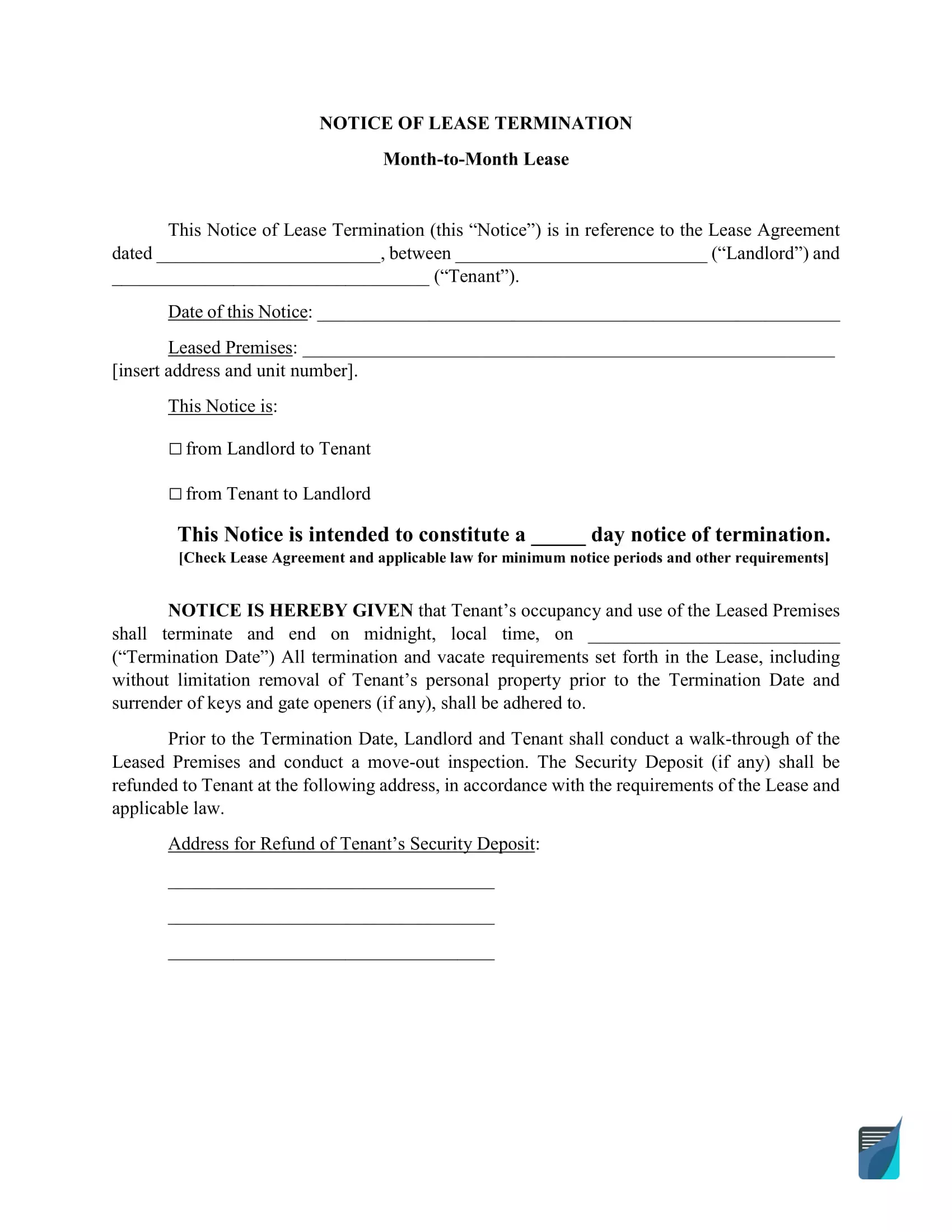 Free Lease Termination Letter Template 30 Day Notice Form