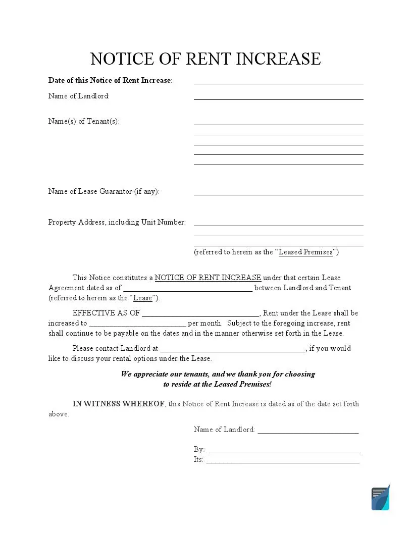 Notice of Rent Increase Form