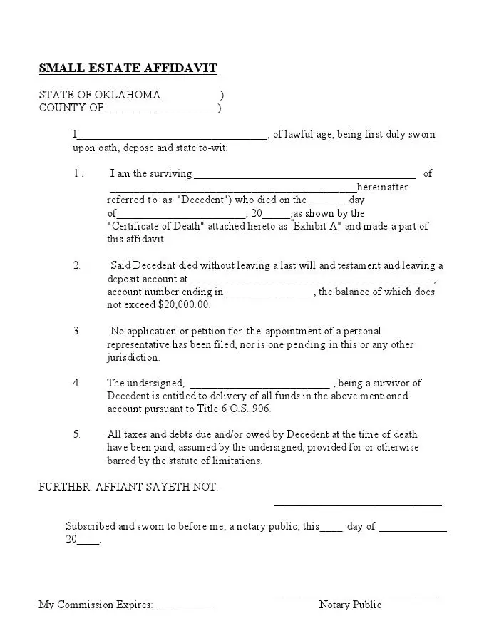 Oklahoma small estate affidavit official form