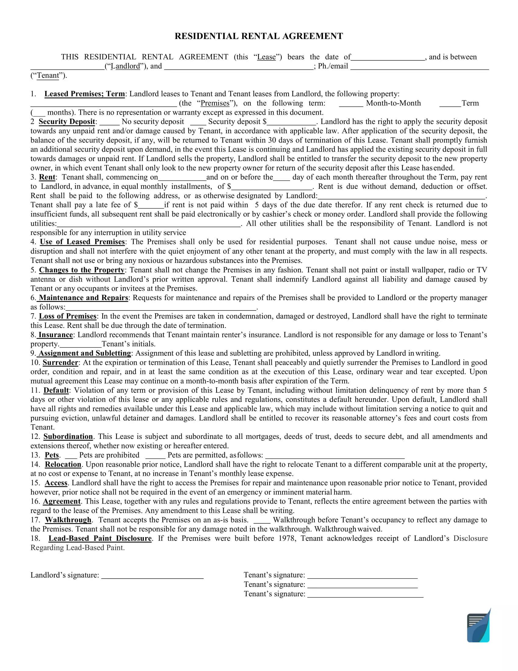 One Page Residential Lease Form