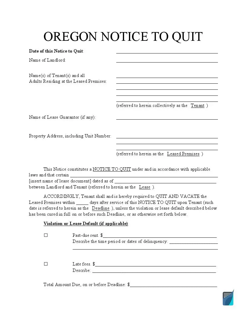 Free Oregon Eviction Notice Forms OR Notice To Quit FormsPal