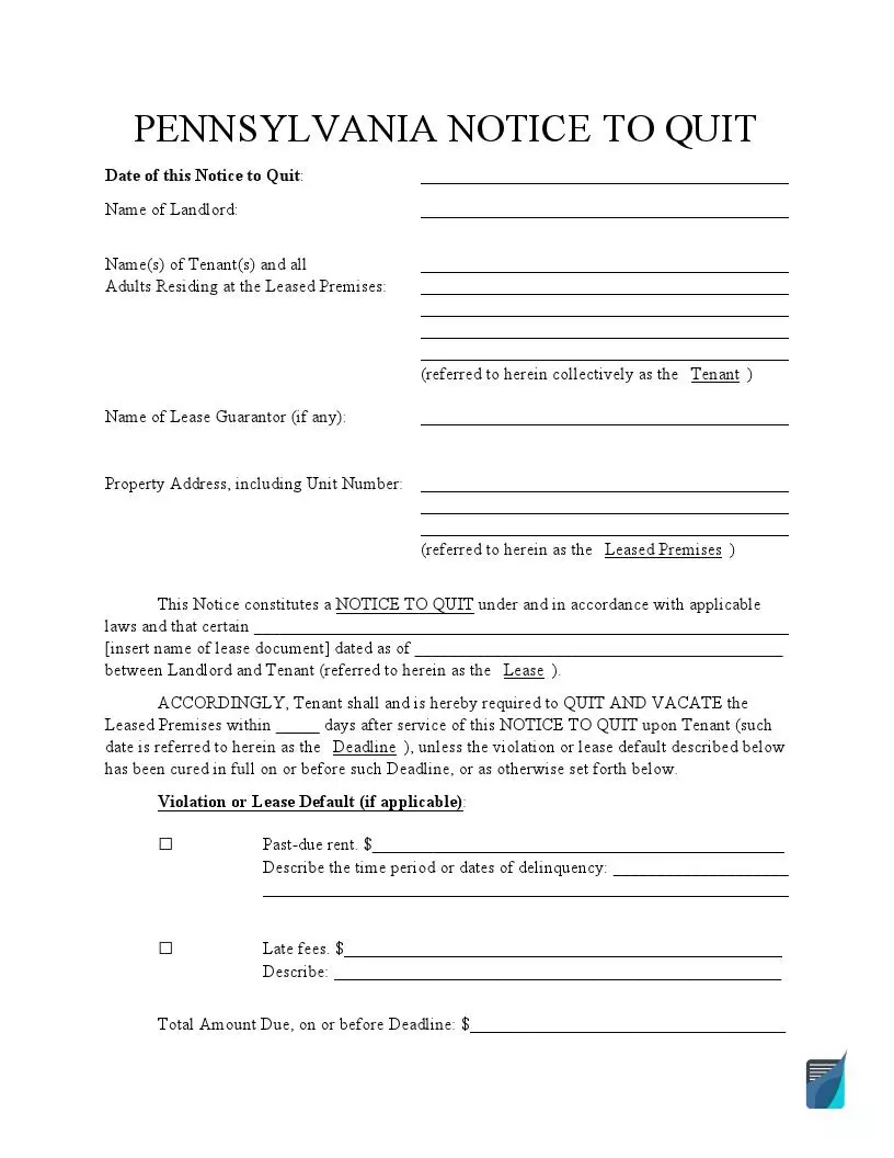 Free Pennsylvania Eviction Notice Forms PA Notice To Quit FormsPal